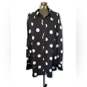 Topshop Black White Polka Dot Sheer Button Up Shirt Dress Tunic Blouse Oversized